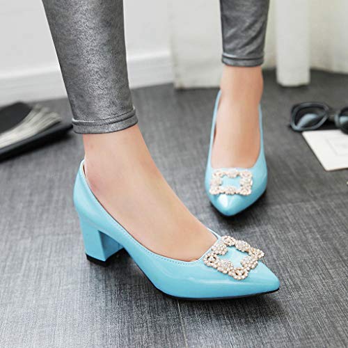 MIOKE Women's Fashion Bowtie Chunky Mid Heel Pumps Pointed Toe Patent Leather Slip-On Comfort Dress Shoes3