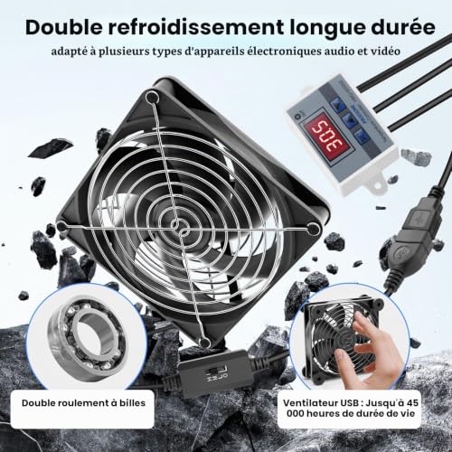 Ventilateur USB 140mm avec régulateur de température numérique, ventilateur de refroidissement PC 5 V, 3 vitesses réglables, double roulement à billes, pour PS5, ordinateur portable – vue 5