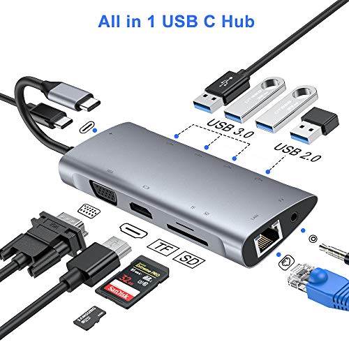 RAYROW USB C Hub 11 en 1 Tipo C Adaptador con Ethernet, 4 K HDMI, VGA, USB C PD, 3 USB 3.0 & 1 USB 2.0, Lector de Tarjetas SD/TF, Mic/Audio, para MacBook Pro 2018, 2017, 2016, Pad Pro 