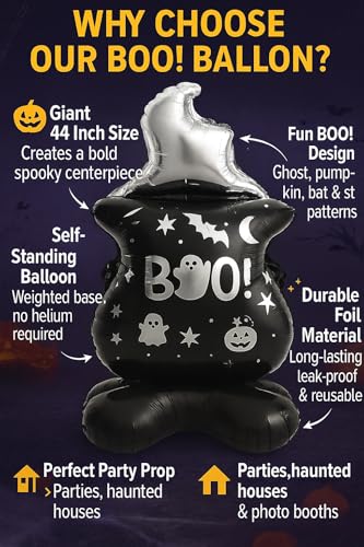 Image of AMFIN (Pack of 1) 44 Inch Halloween Boo! Balloon Giant Self-Standing Foil Cauldron Balloon with Ghost & Pumpkin Design - Inflatable Party Decoration for Haunted House, Yard & Photo Booth - Black