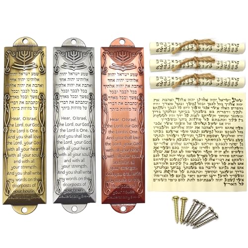 Zivosely 3 Pack Mezuzah with Scroll for Door - Jewish Mezuzah for Door Metal Cases with English and Hebrew Blessing for House Warming Hanukkah Gift (Antique Gold Silver Bronze)