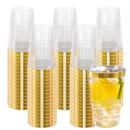 I00000 100 Pack 20 oz Gold Plastic Cups, Elegant Gold Rimmed Plastic Cups, Disposable Cocktail Glasses Wine Glasses, 20 oz Premium Tumblers Perfect for Birthday, Party & Wedding