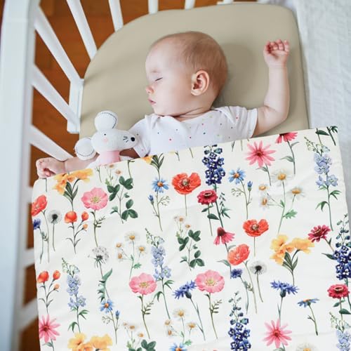 Image of Oudain 4 Piece Spring Flower Crib Bedding Set Including Spring Wild Flower Crib Skirt, Blanket, Sheet and Diaper Stacker, Soft Neutral Nursery Standard Size Baby Bedding for Baby Girls and Boys