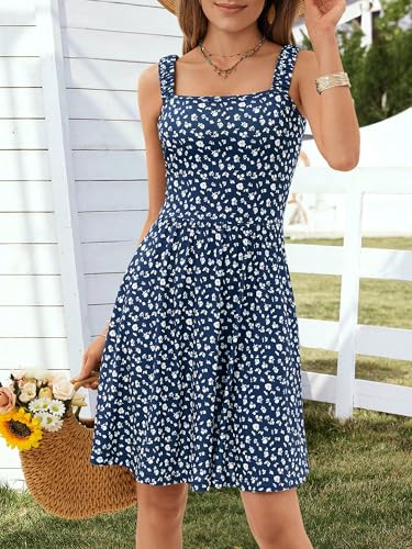 HUHOT Summer Dresses for Women 2025 Cute Vacation Elegant Flowy Casual Floral Camping Navy Blue Church Dress with Pockets - Thumbnail 2