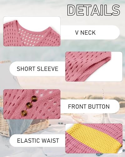 Image of Haloumoning Girls Crochet Swim Beach Cover Up Kids Fashion Button Short Sleeve Swimsuits Cover Ups 5-14 Years