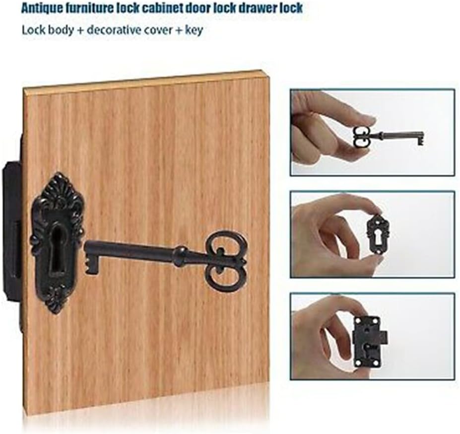 2 Set Antique Cabinet Door Lock with Key, Vintage Drawer Latch for Wooden Jewelry Chest Box, Small Trunk Hasp Hardware, Red Bronze Metal Furniture Locks