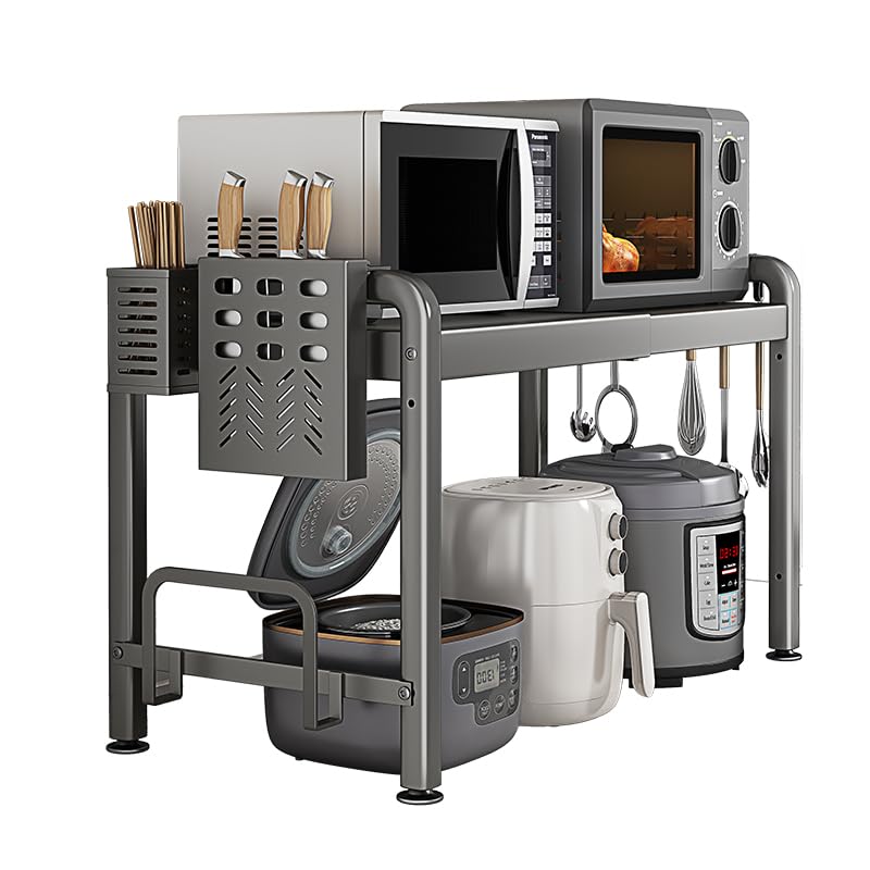 Yuehuamech Scaffale espandibile per forno a microonde a 2 ripiani, ripiano organizer con supporto per tagliere e 6 ganci mensola angolare