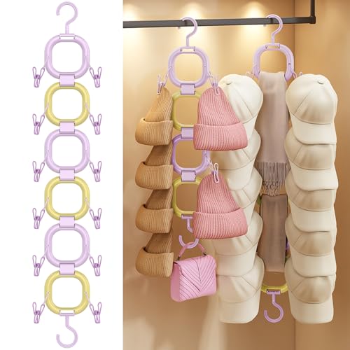 Hat Organizer for Baseball Caps,Hat Rack Small Space Organization for Wall and Cloeset,Hanger Hat Holder Hold up to 16 Hats for Closet Door and Bedroom (Purple and Yellow, 6Loops)