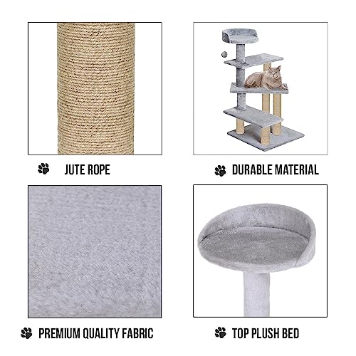 Image of Cat Tree Tower, Multi-Level, Grey, Sisal Scratching Posts, 36 Inch Height, with Perch and Hanging Toy (FURR-40) (Grey)