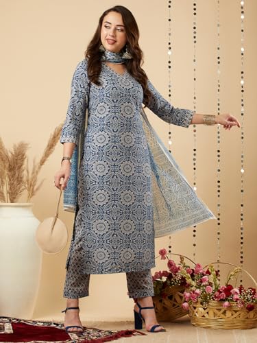 Kurta en coton mélangé chic ANNI DESIGNER ensemble 3 pièces bleu 36