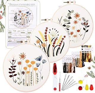 YINVA 3 Sets Embroidery Starter Kit, Embroidery Beginner Kits, Cross Stitch Kit Include 3 Embroidery Clothes with Floral Pattern Instructions Hoops Floss Thread Fabric Needles for Beginners