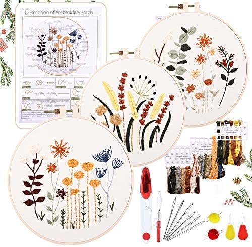 YINVA 3 Sets Embroidery Starter Kit, Embroidery Beginner Kits, Cross Stitch Kit Include 3 Embroidery Clothes with Floral Pattern Instructions Hoops Floss Thread Fabric Needles for Beginners