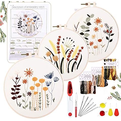 YINVA 3 Sets Embroidery Starter Kit, Embroidery Beginner Kits, Cross Stitch Kit Include 3 Embroidery Clothes with Floral Pattern Instructions Hoops Floss Thread Fabric Needles for Beginners Cover