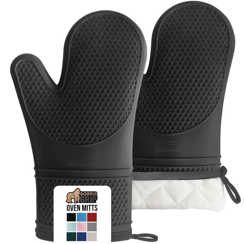 GORILLA GRIP BPA-Free Soft Silicone Oven Mitts, Heat Resistant and Waterproof Cooking Safety Gloves, Thick Cotton Lining, Flexible Gripping, Kitchen Potholders Set, for Grilling, BBQ, 12.5x8.3, Black
