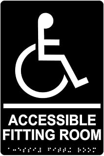 ComplianceSigns.com Accessible Fitting Room Sign, ADA-Compliant Braille and Raised Letters, 9x6 in. White on Black Acrylic with Mounting Strips