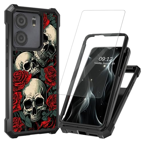 BREIDMKFM for Blu View 5 Phone Case,for Blu View 5 B160V Phone Case with Screen Protector Dual Layer Protection Hard PC Soft TPU Bumper Heavy Duty Phone Case for Blu View 5,Red Rose Skull