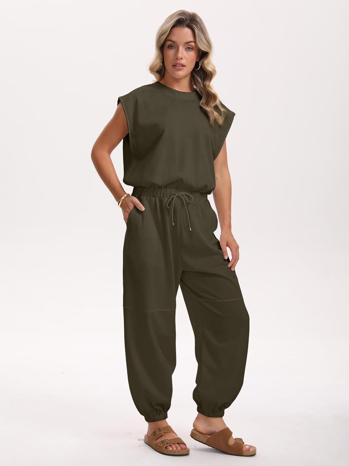 Womens Casual Jumpsuit Crewneck Cap Sleeve Long Wide Leg Pants One Piece Outfits Drawstring Romper with Pockets - Image 5