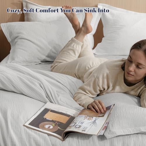 Image of PHF Cotton Muslin Comforter Set Queen - 100% Cotton Cover, Ultra Soft & Breathable, 3PCS Lightweight All-Season Bedding with Polyester Fill, 1 Comforter 90 inchx90 inch & 2 Pillow Shams 20 inchx26 inch, Light Grey