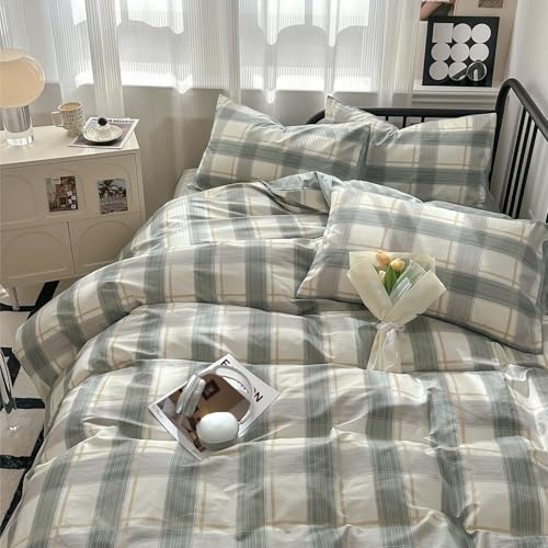 Image of Plaid Full Size Comforter Set Geometric Plaid Grid Comforter Set Fluffy Soft Microfiber Bedding Comforter Farmhouse Checkered Comforter Set for All Season 3 Piece Plaid Bedding Comforter Set Full Size