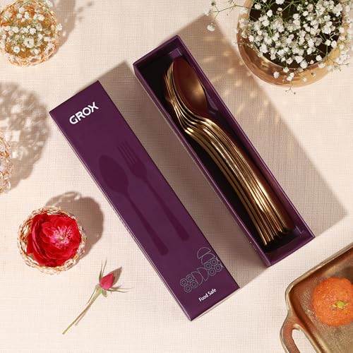 Image of GROX Curve Medium Spoon - Set of 6 | Gold | 17 cm | 304 Stainless Steel 18 /8 | Elegant Dining Spoon