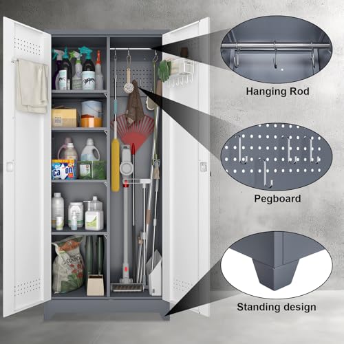 Image of Broom Storage Cabinet, Metal Cabinet with Shelves and Hanging Rod, 72.8 inch Utility Cabinets with Locking Door, Tall Cleaning Storage for Kitchen, Pantry, Office, Shop, Garage