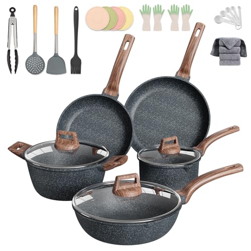 La mejor comparación de Baterias de Cocina de Ceramica del mes. 45 FULIFE Juego de Batería de Cocina Antiadherente de Granito 24 Piezas, Ollas, Sartenes, Cacerolas, Tapas de Vidrio y Accesorios, Apto para Inducción, Gas y Eléctrica, Libre de...