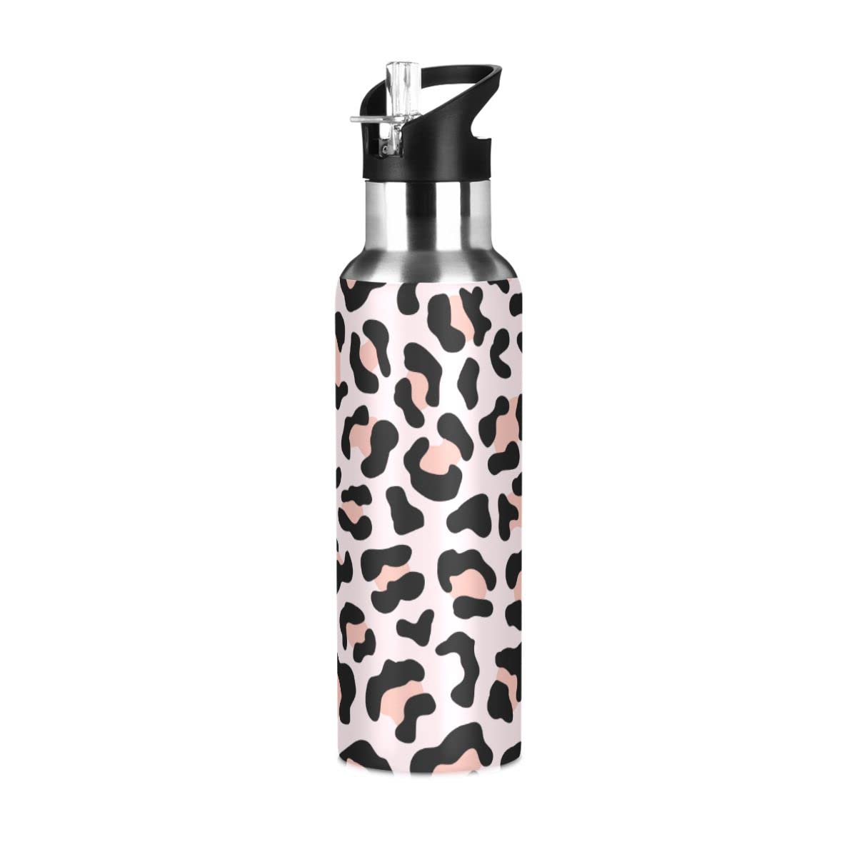 Edelstahl-Isolierflasche Mit Strohhalm, 600 Ml – Rosa Leopardenmuster, Auslaufsicher, Hält Kalt/heiß, Für Sport & Alltag