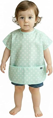 Miniatura 21 de Short Sleeve Waterproof Bib for Toddlers – Easy Clean Feeding Apron for Mealtime, Daycare, Self-Feeding, Lightweight Rosa (Pink Check)