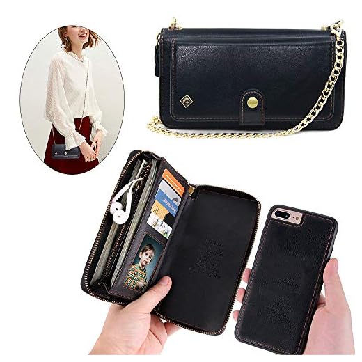iPhone 8 / iPhone7 / iPhone 6 Wallet Case - JAZ Crossbody Chain Satchel Zipper Purse Detachable Magnetic 14 Card Slots Momey Pocket Clutch Leather Wallet Case for Apple iPhone 8/7/6 Black
