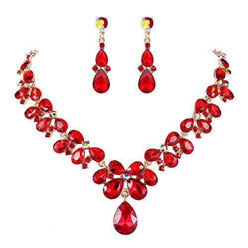 BriLove Wedding Bridal Necklace Earrings Jewelry Set for Women Crystal Teardrop Cluster Statement Necklace Dangle Earrings Jewelry Set Ruby Color Gold-Toned