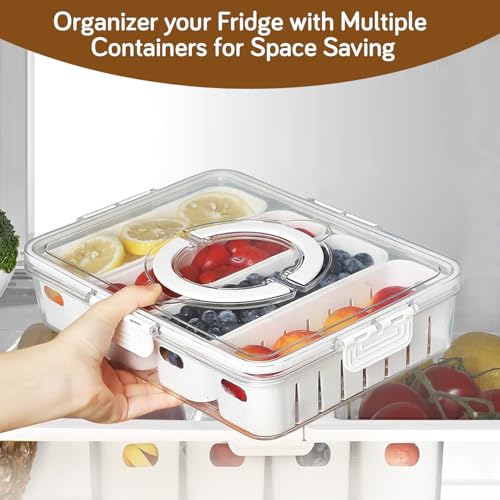 Image of HOKIPO Food Grade Plastic Fridge Storage Containers with 4 Partition & Lid - Crisper Containers for Fresh Vegetables, Fruits & Food | Freezer & Kitchen Organizer Set for Home Use (AR-6104)