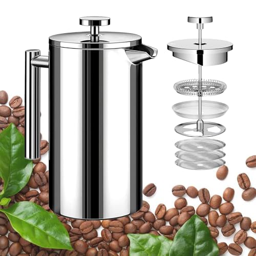 Image of Small French Press Stainless Steel Coffee Maker 21oz(3 Cups), Double Wall Insulated for Hot& Cold Brew, Compact Coffee& Tea Press for Camping, Office, Travel with 3 Ultra-Fine Filters & Spoon- Silver