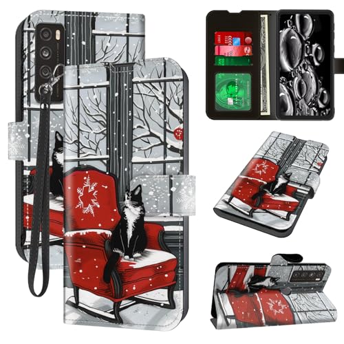 ACWDMKH for TCL 30XL Phone Case,for TCL 30 XL Phone Case Wallet with Card Holder & Wrist Strap Kickstand Flip Folio Leather Magnetic Protective Shockproof Cover,Black Cat Red
