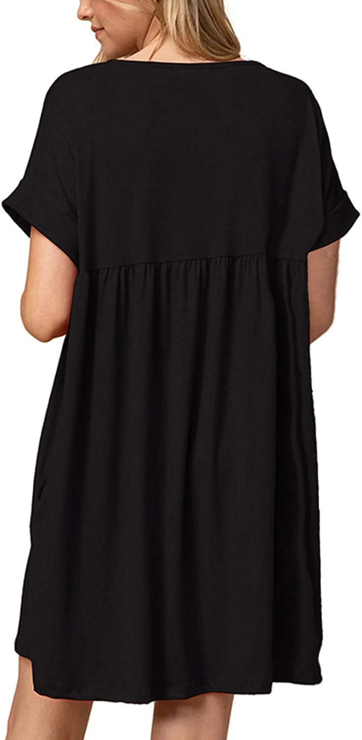 Jayscreate Women's Baby Doll Dress Summer Casual Tunic Pleated Flowy Swing Short Sleeve Black V Neck Mini Dress - Image 2