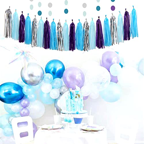 Image of Purple-Blue Silver Frozen Christmas Party-Decorations - 30pcs Tissue Pom Poms Streamers,Winter Girl Birthday New Year Tassel Garland Banner,Wonderland Mermaid Baby Shower Wedding Supplies Decor Bunting Lasting Surprise