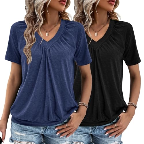 2 Pack Summer Tops for Women V Neck Short Sleeve Casual Ruched Tops Women T Shirts Clothes Trendy...
