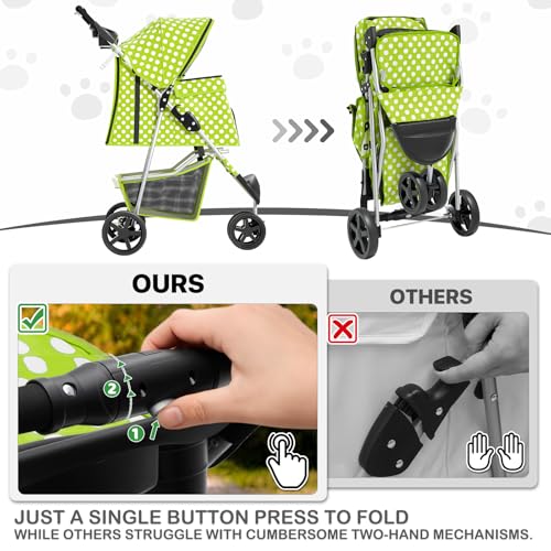 Image of MoNiBloom 3 Wheels Pet Dog Cat Stroller for Small Medium Dogs Cats, Foldable Jogger Stroller w /Storage Basket and Cup Holder, Lawn Green Polka Dots