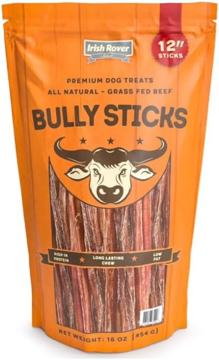Irish Rover Bully Sticks for Dogs, All Natural Grass Fed Beef, 12 Inch, High Protein Low Fat Chew Treats, 16 Oz