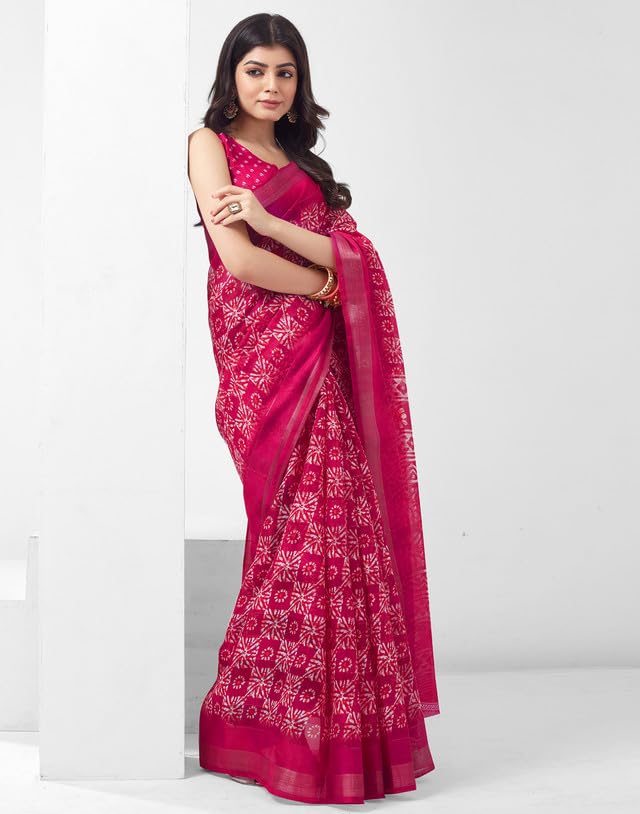 Image of SIRIL Women's Cotton Blend Saree | Printed Saree With Unstitched Blouse Piece