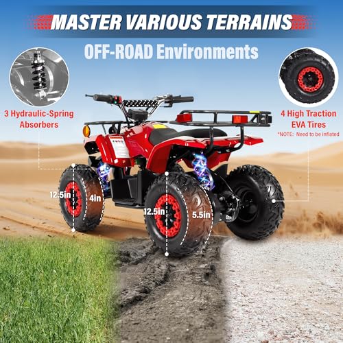 Image of 36V Kids ATV Four Wheeler w /12.5 inch Air-Filled Tires, 800W Electric ATV 4 Wheeler w /Metal Frame, 15MPH Max, Safety Kill Switch, 3 Suspension & Disc Brakes, Kids Quad ATV for Ages 6+, Red