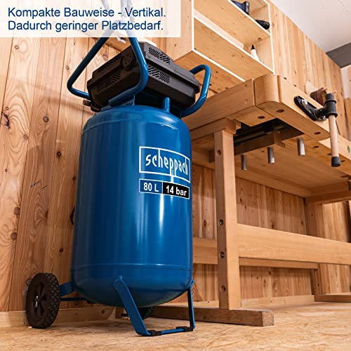 Scheppach WELTNEUHEIT 14 bar Druckluft Kompressor stehend HC85V - 80 L Kessel | ölfrei & wartungsarm | Ansaugleistung 330 l/min | 2x Manometer & 2x Kupplung | Fahrvorrichtung für einfachen Transport