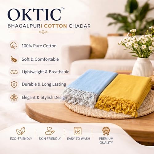 Image of OKTIC Bhagalpuri Chadar Original Combo Pack Set of 2, Eco Friendly Cotton Top Sheet for Summer Comfort, Skin Friendly Odhne Wali Bhagalpuri Chadar Bedsheet Single Size 230 x 130 cm (Yellow Sky)