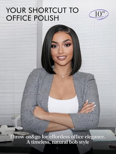 LUVME HAIR Bob Wig 100% Human Hair Wigs Protective Wig Glueless Without Spray Lace Front 10 Inches Bob, Pre Cut Plucked Lace Short Wig Ready To Go Natural Color Straight Bleached Knots Black Wigs - Image 3