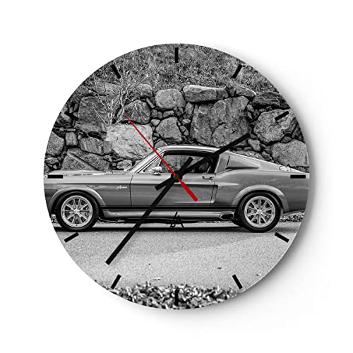 Horloge Murale Design Moderne Voiture Ford Mustang 40x40cm Petit Pendule Murale en Verre Cuisine Salon Chambre Silencieuse Originale Wall Clock Décoration Murale Art...