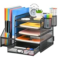 Marbrasse Schreibtisch Organizer mit Aktenhalter, 5 Ebenen Papier Briefablage mit Schublade und 2 Stiftehalter,Schreibtisch Netz Ablagefächer Organizer mit für Büro Bedarf (Schwarz)