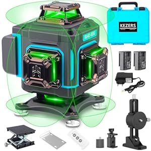 KEZERS Kreuzlinienlaser Grün 4x360°, Selbstnivellierend Laser Wasserwaage 16 Linien, Kreuzlaser mit Bildschirm, Fernbedienung, Wandhalterung, Hebesockel, IP54 für Innen- und Außenbereich Baustelle