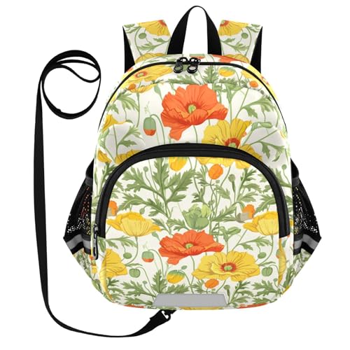 Poppy Yellow Flower Leaves Toddler Harness Backpack for Boys Girls 3-6 Years Kids Backpack with Anti Lost Safety Leash Child Leash Backpack for Travel Preschool Walking