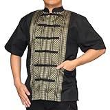 RaanPahMuang Northern Thai Formal Short Sleeve Silk Mandarin Collar Shirt with Pockets, Rungtawan Art - Black Gold, XXL