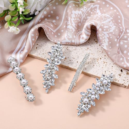 4 Stück Haarspange Glitzer Silber Haarspangen Hochzeit Braut Haarschmuck Französische Glänzende Strass Mit Funkelnden Kristallsteinen für Frauen Mädchen Hochzeiten Kopfstücke Schmuck