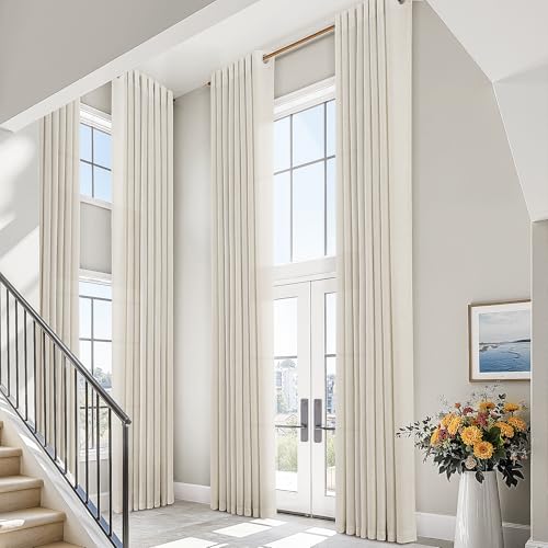 Image of Nanspring Extra Long Curtains 132 inch Length 2 Panels Set for Living Room Grommet Modern Farmhouse Coastal Decor Cotton Textured Cream Sheer Linen Curtains for High Window 52x132 Cream